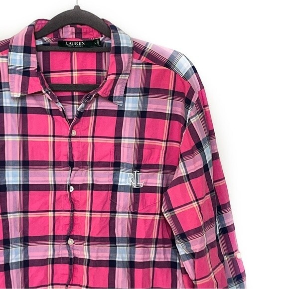 Lauren Ralph Lauren PINK PLAID SHIRT SIZE LARGE COTTON LIGHTWEIGHT BUTTON UP - Picture 4 of 6